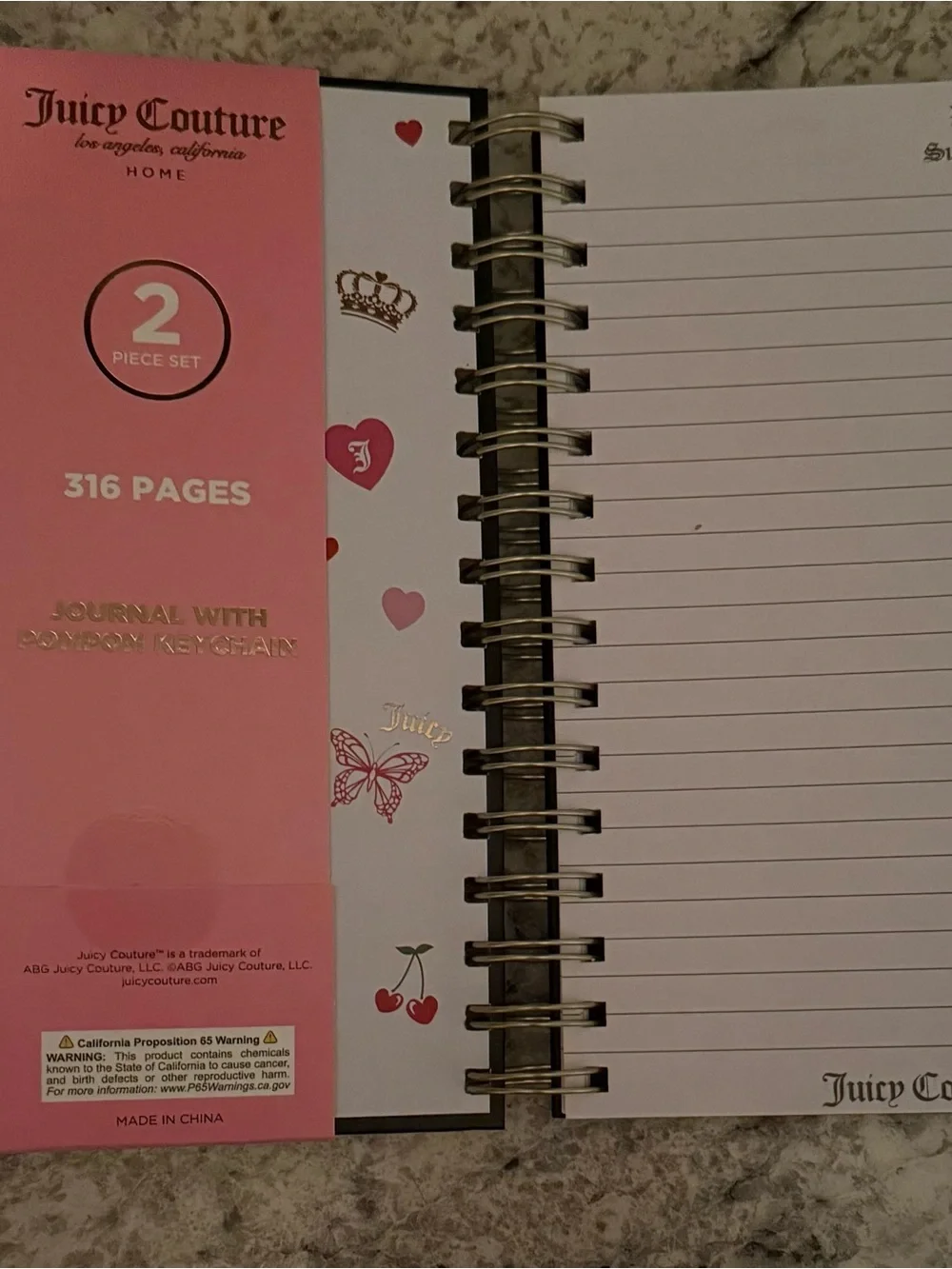 Juicy Couture Black & Hot Pink Journal with Pom Pom Keychain